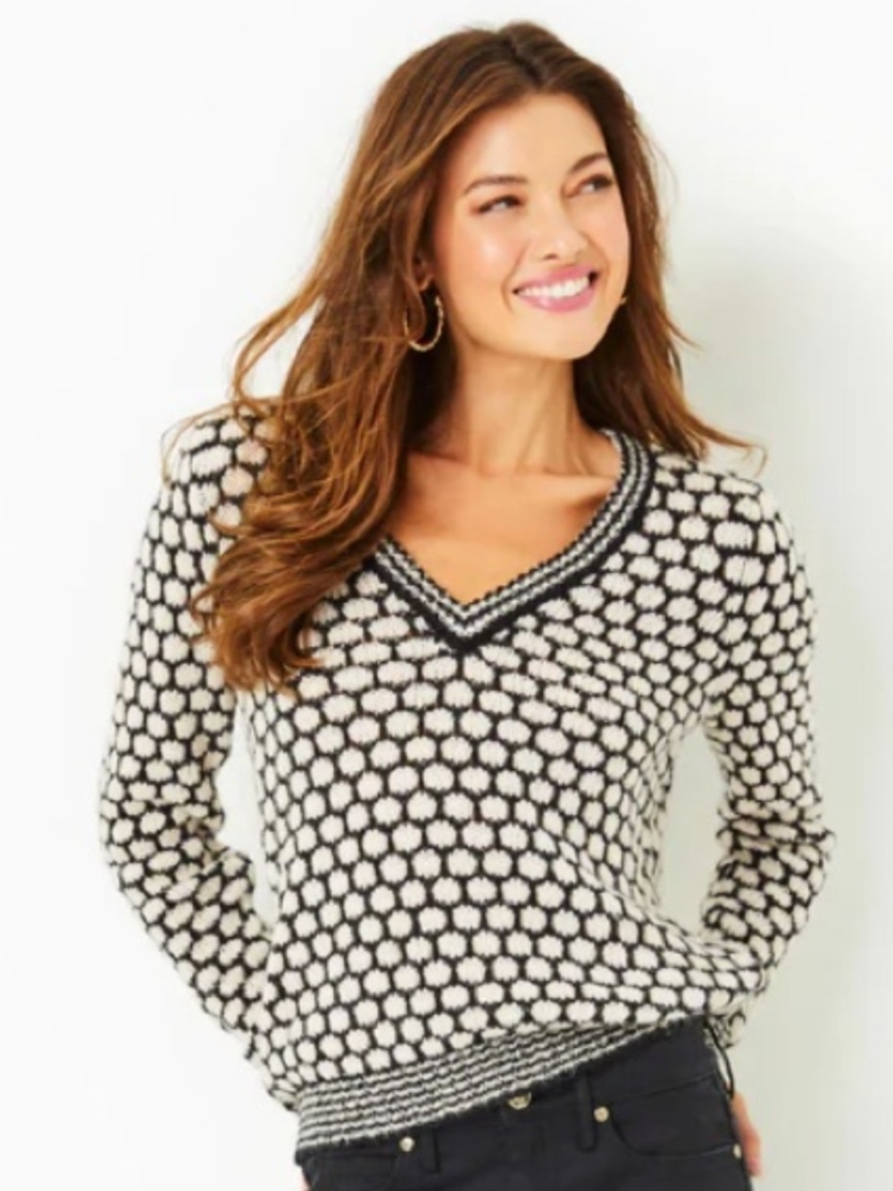 Lilly Pulitzer Black and Cream Honeycomb V-Neck Sweater